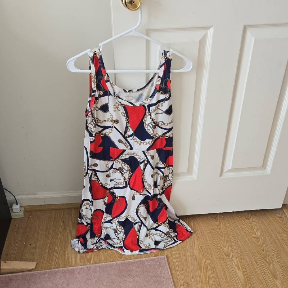 Women’s Sleeveless Chain-Print Dress - Red & Navy